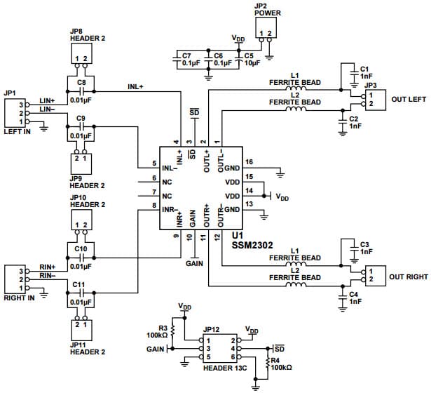 SSM2302, Application Board Schematic for SSM2302 Filterless High Efficiency Class-D Stereo Audio Amplifier