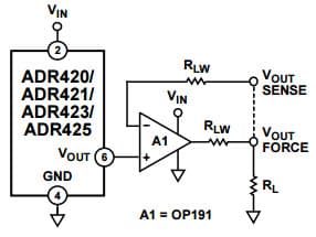 Typical Application for ADR420 2.048V XFET Output Voltage Reference for Advantage of Kelvin Connection