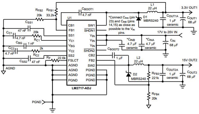 Typical 15V, 3.3V Output Application Circuit for LM2717-ADJ Dual Step-Down DC/DC Converter