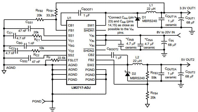 Typical 5V, 3.3V Output Application Circuit for LM2717-ADJ Dual Step-Down DC/DC Converter