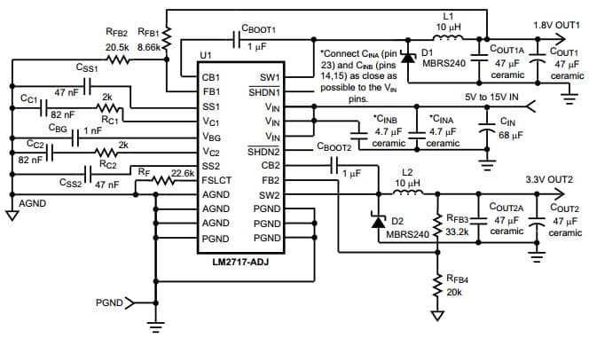 Typical 3.3V, 1.8V Output Application Circuit for LM2717-ADJ Dual Step-Down DC/DC Converter