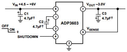 Typical Application Circuit for ADP3603 Switched Capacitor Voltage Converter with Regulated Output