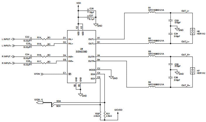 SSM2380 Typical Schematic I2C Control Mode for SSM2380 2X2 W, Filterless, Stereo, Class-D Audio Amplifier