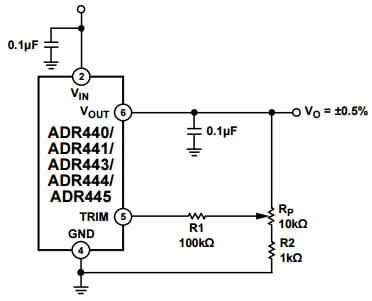 Typical Application for ADR445A 5 Vout Ultra Low Noise, LDO XFET Voltage Reference with Current Sink and Source