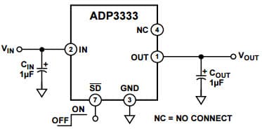 Typical Application for ADP3333 High Accuracy Ultra Low IQ, 300 mA, any CAP Low Dropout Regulator