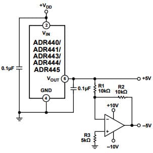 Typical Application for ADR444B 4.096 Vout Ultra Low Noise, LDO XFET Voltage Reference with Current Sink and Source