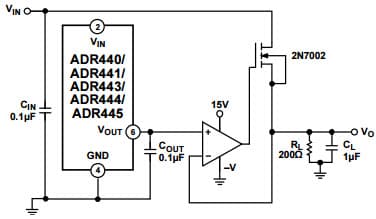 Typical Application for ADR444B 4.096 Vout Ultra Low Noise, LDO XFET Voltage Reference with Current Sink and Source