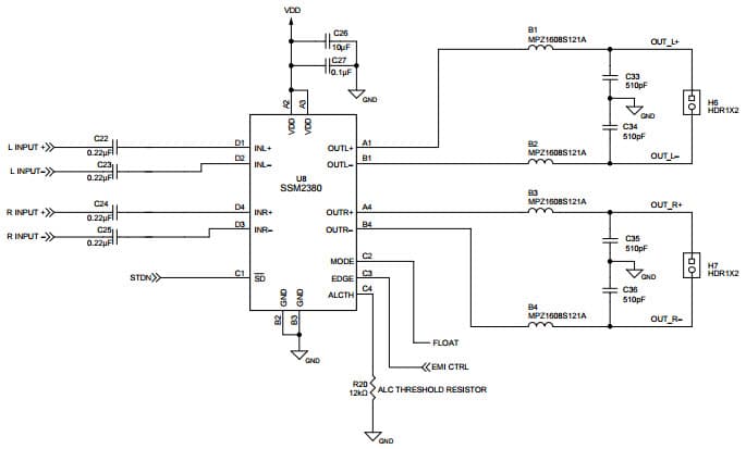 SSM2380 Typical Schematic ALC Mode for SSM2380 2X2 W, Filterless, Stereo, Class-D Audio Amplifier