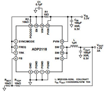 Typical Application for ADP2118, 1.2V, 3A, 1.2MHz Step-Down Regulator, force Continuous Conduction Mode