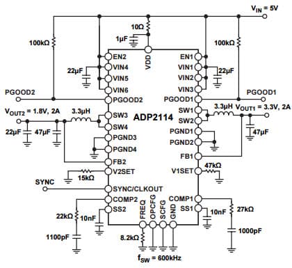 Typical Application Circuit at 2A/2A Outputs for ADP2114 Configurable, Dual 2A, Synchronous Step-Down DC to DC Regulator