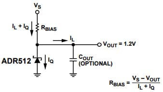 Typical Operating Circuit for ADR512ART-REEL7 1.2 V Precision Low Noise Shunt Voltage Reference