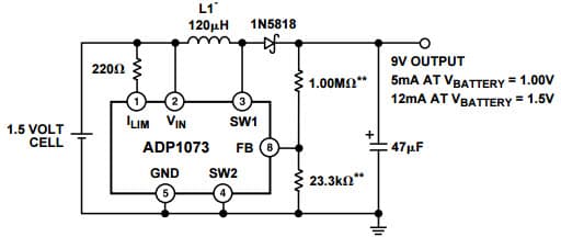 Typical Application for ADP1073, 1.5 to 9 V Step-Up DC-DC Converter