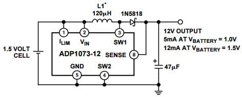 Typical Application for ADP1073, 1.5 to 12 V Step-Up DC-DC Converter