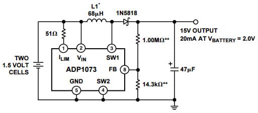 Typical Application for ADP1073, 3 to 15 V Step-Up DC-DC Converter