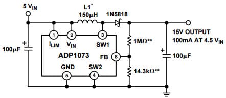 Typical Application for ADP1073, 5 to 15 V Step-Up DC-DC Converter