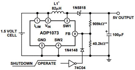 Typical Application for ADP1073, 1.5 to 5 V Step-Up Converter with Logic shut-down