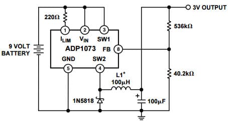 Typical Application for ADP1073, 9 to 3 V Step-Down DC-DC Converter