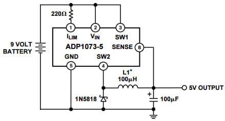 Typical Application for ADP1073, 9 to 5 V Step-Down Converter