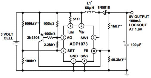 Typical Application for ADP1073, 3 to 5 V Step-Up Converter with Under Voltage Lockout