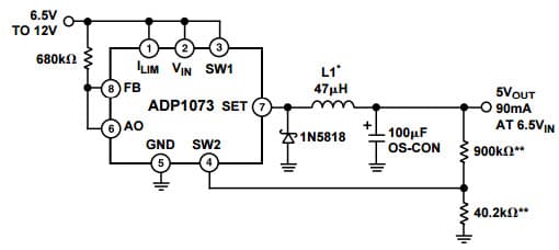 Typical Application for ADP1073, 9 to 5 V Reduced Noise Step-Down Converter