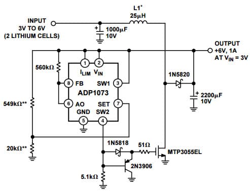 Typical Application for ADP1073, 3 to 6 V @ 1A Step-Up Converter