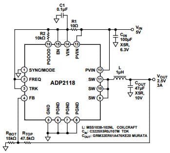 Typical Application for ADP2118, 2.5V, 3A, 1.2MHz Step-Down Regulator, Enable PFM Mode