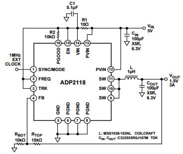 Typical Application for ADP2118, 1.5V, 3A Step-Down Regulator, Synchronized to 1MHz, 180 degree Out of Phase with the External Clock