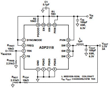 Typical Application for ADP2118, 3.3V, 3A, 1.2MHz Step-Down Regulator, Tracking Mode