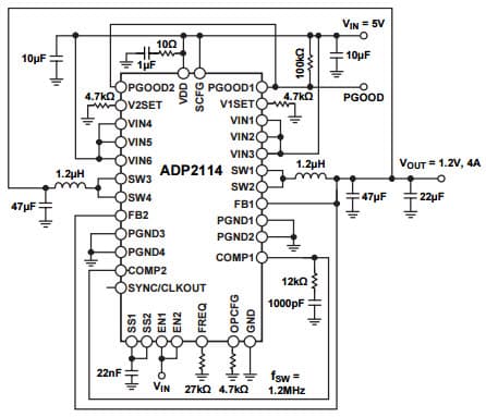 Typical Application Circuit at Single 4A Outputs for ADP2114 Configurable, Single 4A, Synchronous Step-Down DC to DC Regulator