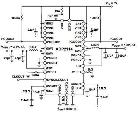 Typical Application Circuit at 3A/1A Outputs for ADP2114 Configurable, 3A/1A Synchronous Step-Down DC to DC Regulator