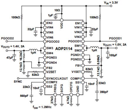 Typical Application Circuit at Adjustable Outputs for ADP2114 Configurable Synchronous Step-Down DC to DC Regulator