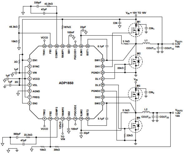 Typical 14A Operating Circuit for ADP1850 Wide Range Input, Dual/Two-Phase, DC to DC Synchronous Buck Controller