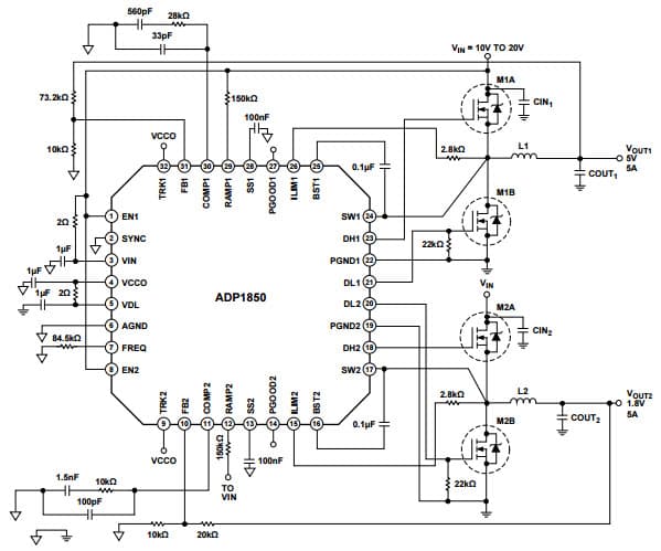 Typical Low Current Operating Circuit for ADP1850 Wide Range Input, Dual/Two-Phase, DC to DC Synchronous Buck Controller