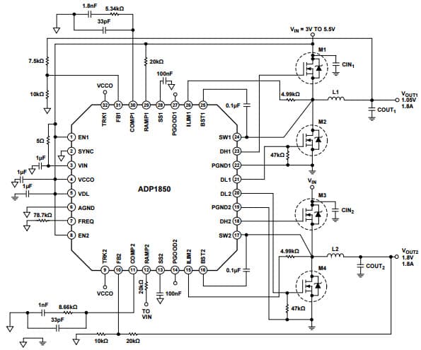 Typical Low Current Application with VIN < 5.5V Circuit for ADP1850 Wide Range Input, Dual/Two-Phase, DC to DC Synchronous Buck Controller