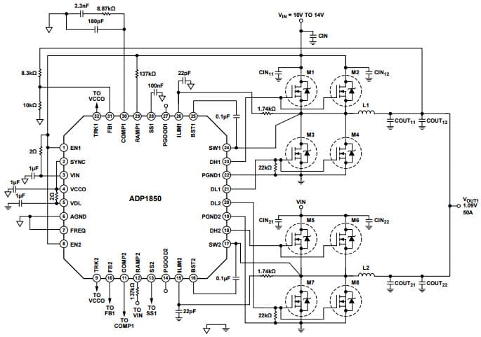 Typical Dual-Phase Circuit, 50A Output Circuit for ADP1850 Wide Range Input, Dual/Two-Phase, DC to DC Synchronous Buck Controller