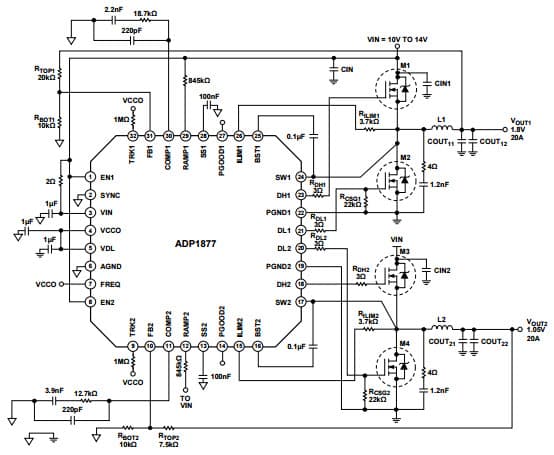 Typical 20A Operating Circuit for ADP1877 Dual Output Synchronous Buck PWM Controller