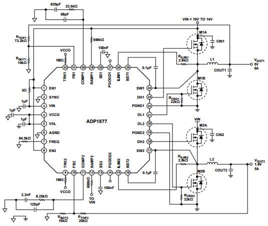 Typical Low Current Operating Circuit for ADP1877 Dual Output Synchronous Buck PWM Controller