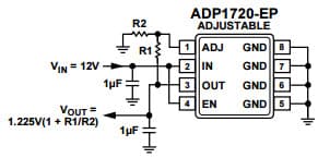 Typical Application Circuit with Adjustable Output Voltage, 1.225V to 5.0V for ADP1720-EP 50mA High Voltage Micro-power Linear Regulator