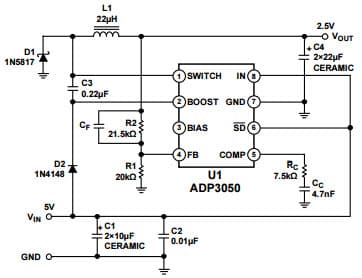 Typical Adjustable Output Application for ADP3050 1A High Voltage Step-Down Switching Regulator