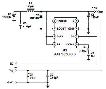 Typical Application for ADP3050 1A, 5V to 3.3V Buck Switching Regulator