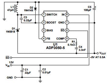 Typical Application for ADP3050 Inverting (Buck-Boost) Regulator