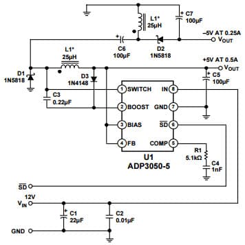 Typical Application for ADP3050 Dual Output +5 V and -5 V Regulator