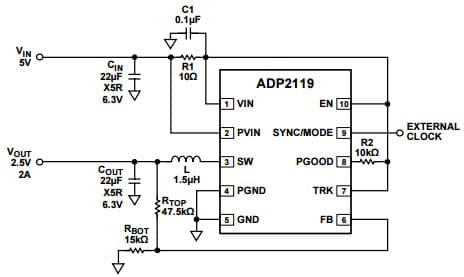 Typical Application for ADP2119 2.5V, 2A Step-Down Regulator, Synchronized to External Clock