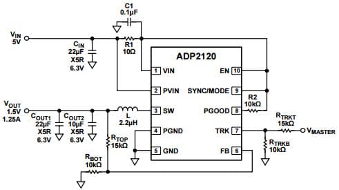 Typical Application for ADP2119 1.5V, 1.25A Step-Down Regulator with Tracking Mode