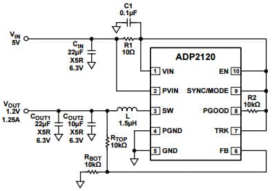 Typical Application for ADP2119 1.2V, 1.25A Step-Down Regulator, forced Continuous Conduction Mode