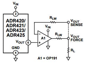 Typical Application for ADR421 Ultraprecision, Low Noise, 2.048 Vout XFET Voltage Reference for Advantage of Kelvin Connection