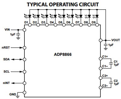 Typical Application for ADP8866 Charge Pump Driven 9-Channel LED Driver with Automated LED Lighting Effects