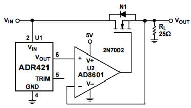 Typical Application for ADR421 Ultraprecision, Low Noise, 2.048 Vout XFET Voltage Reference as a Precision Boosted Output Regulator