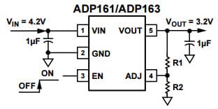 Typical Application Circuit with Adjustable Output Voltage, 3.2V for ADP162 Ultra low Quiescent Current, 150mA CMOS Linear Regulator