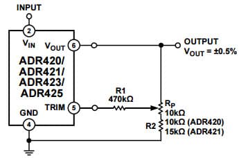 Typical Application for ADR421 Ultraprecision, Low Noise, 2.048 Vout XFET Voltage Reference for Output Trim Adjustment